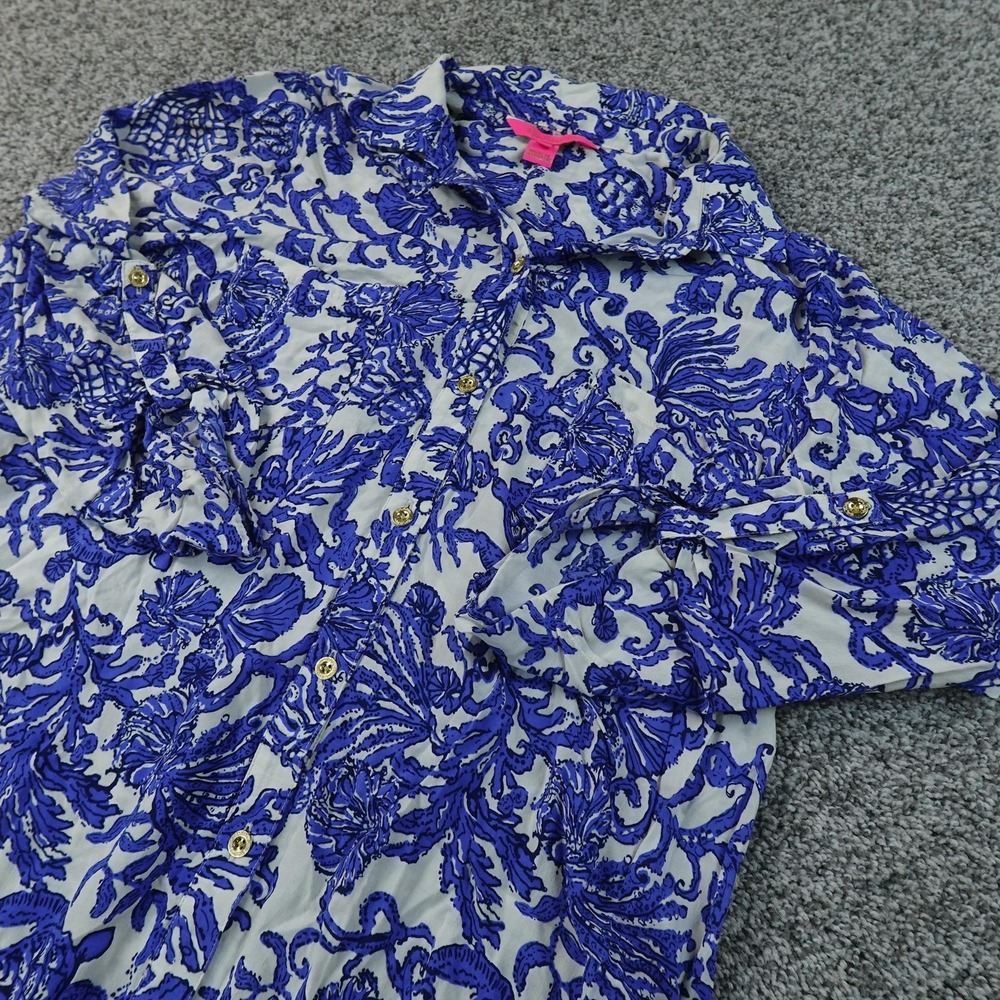 Lilly Pulitzer Dress Womens M Blue Tropical Floral Button Shirt Long Sleeve Top